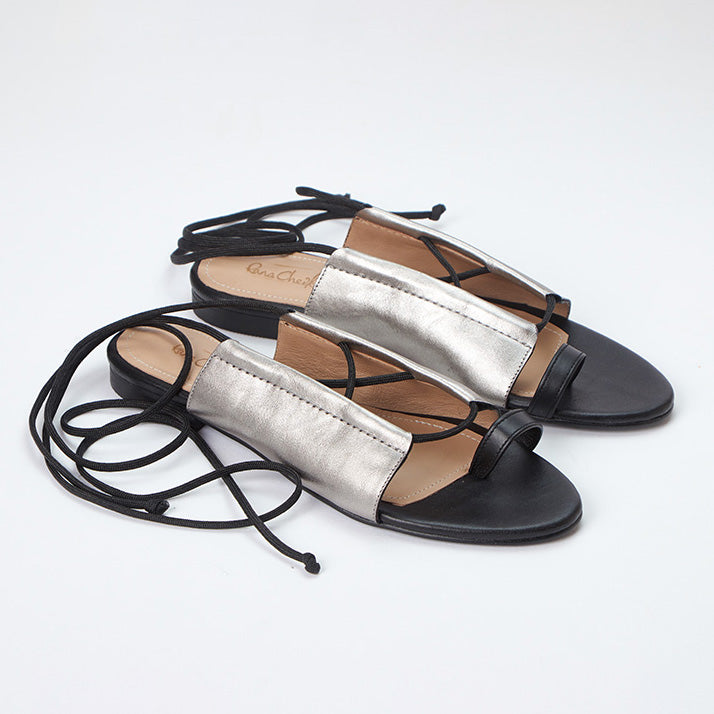 Metallic Silver and Black genuine calfskin leather Summer Sandal