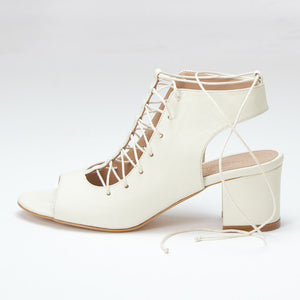 cream genuine calfskin leather t-strap lace-up block heel shoe