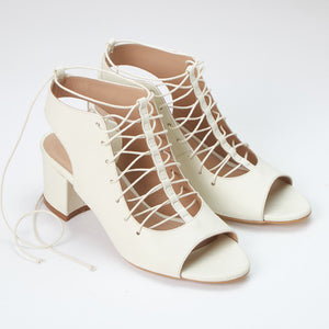 cream genuine calfskin leather t-strap lace-up block heel shoe