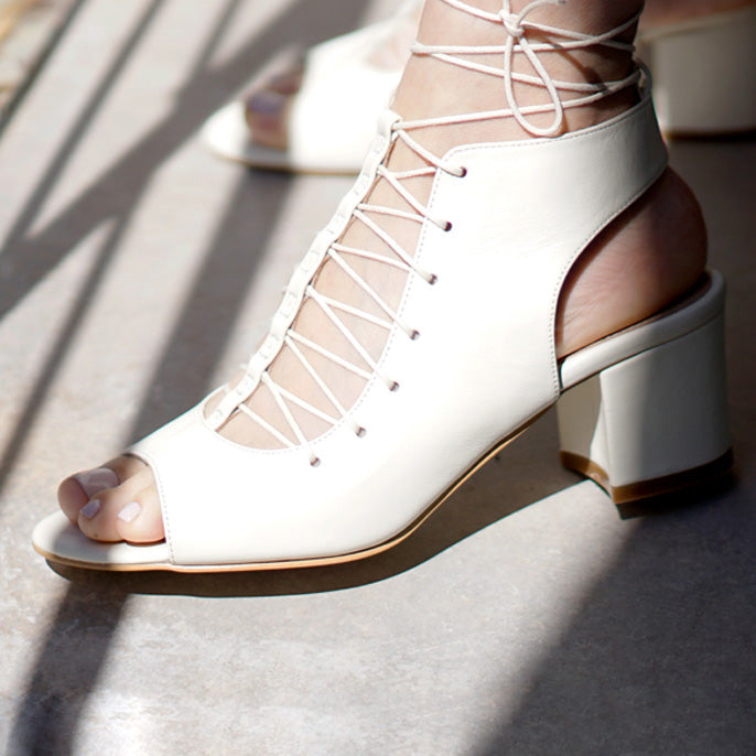 white cream genuine calfskin leather t-strap lace-up block heel shoe