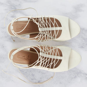 white genuine calfskin leather t-strap lace-up block heel shoe